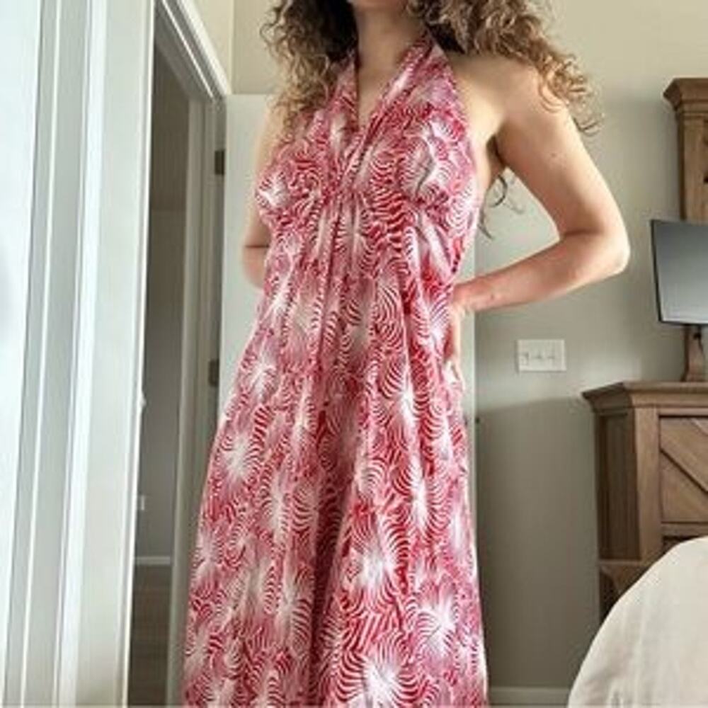 Harolds Y2k 100% silk peppermint swirl dress halter red/white lined Fairy SZ 6